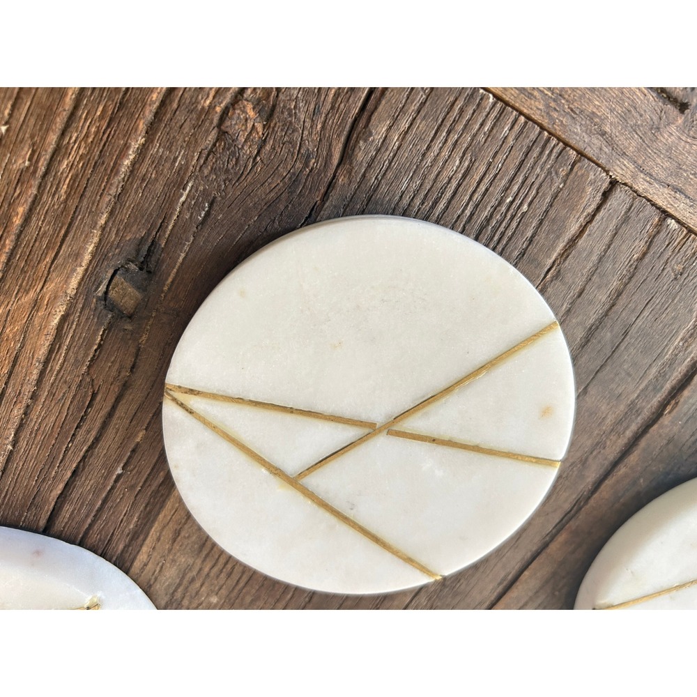 White Marble Coasters Set of 4 Gold Brass Inlay Modern Luxe Home Decor Layering - Picture 3 of 4